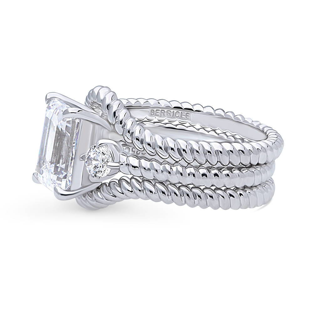 Angle view of 3-Stone Chevron Emerald Cut CZ Ring Set in Sterling Silver