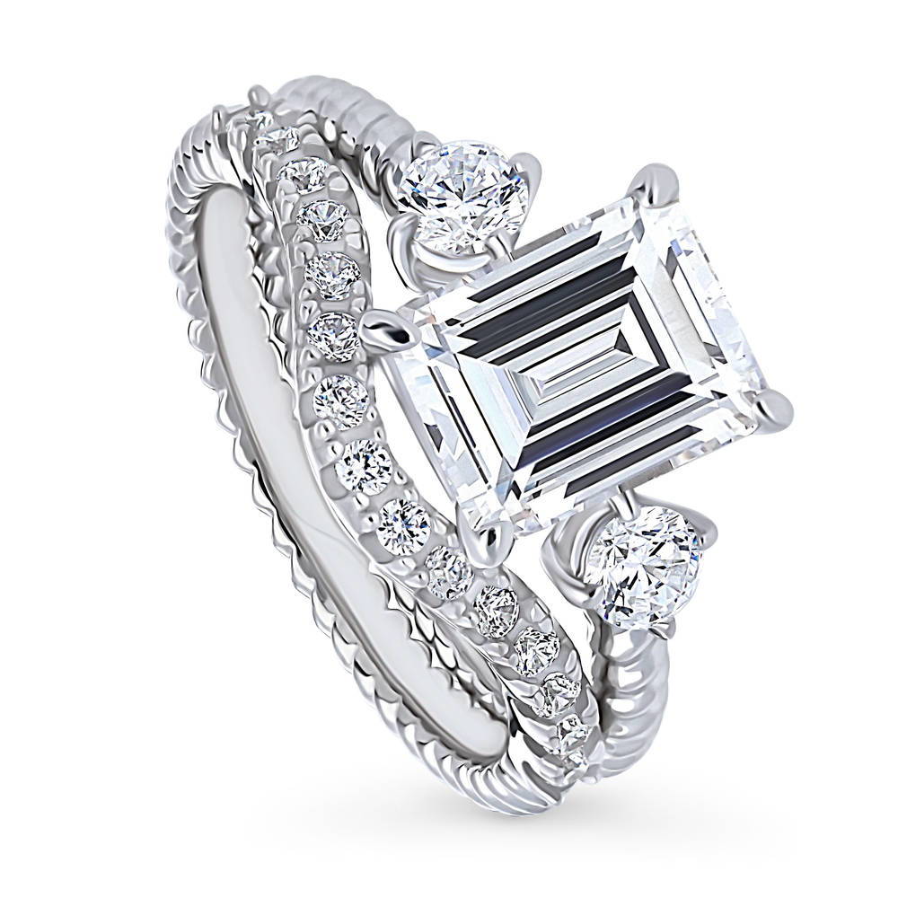 Front view of 3-Stone Woven Emerald Cut CZ Ring Set in Sterling Silver