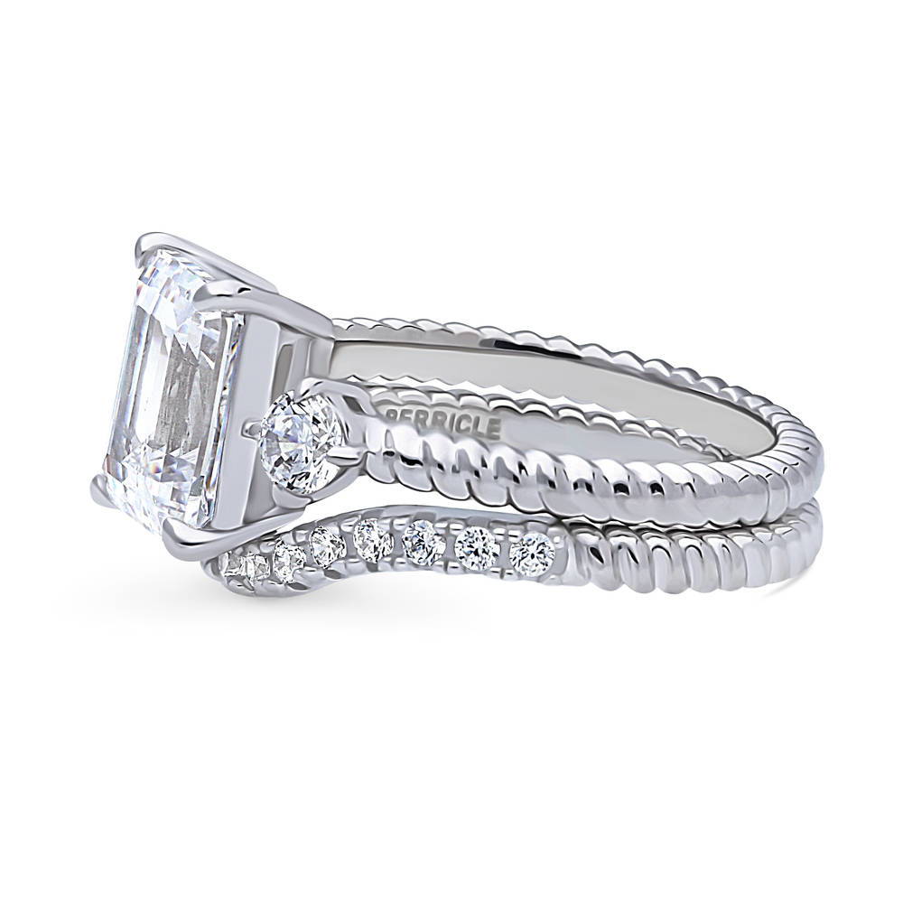 Angle view of 3-Stone Woven Emerald Cut CZ Ring Set in Sterling Silver