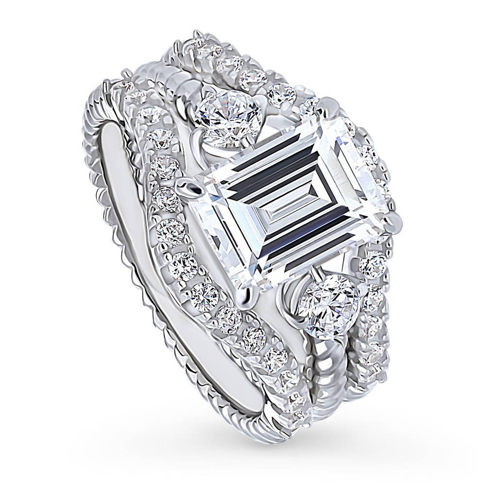 Front view of 3-Stone Woven Emerald Cut CZ Ring Set in Sterling Silver