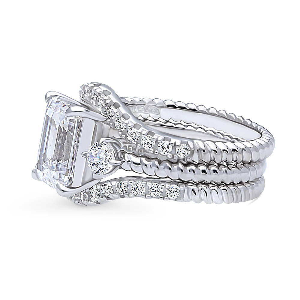 Angle view of 3-Stone Woven Emerald Cut CZ Ring Set in Sterling Silver
