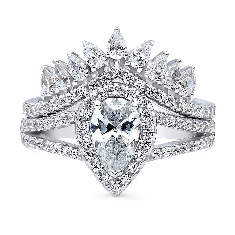 Halo Pear CZ Split Shank Ring Set in Sterling Silver