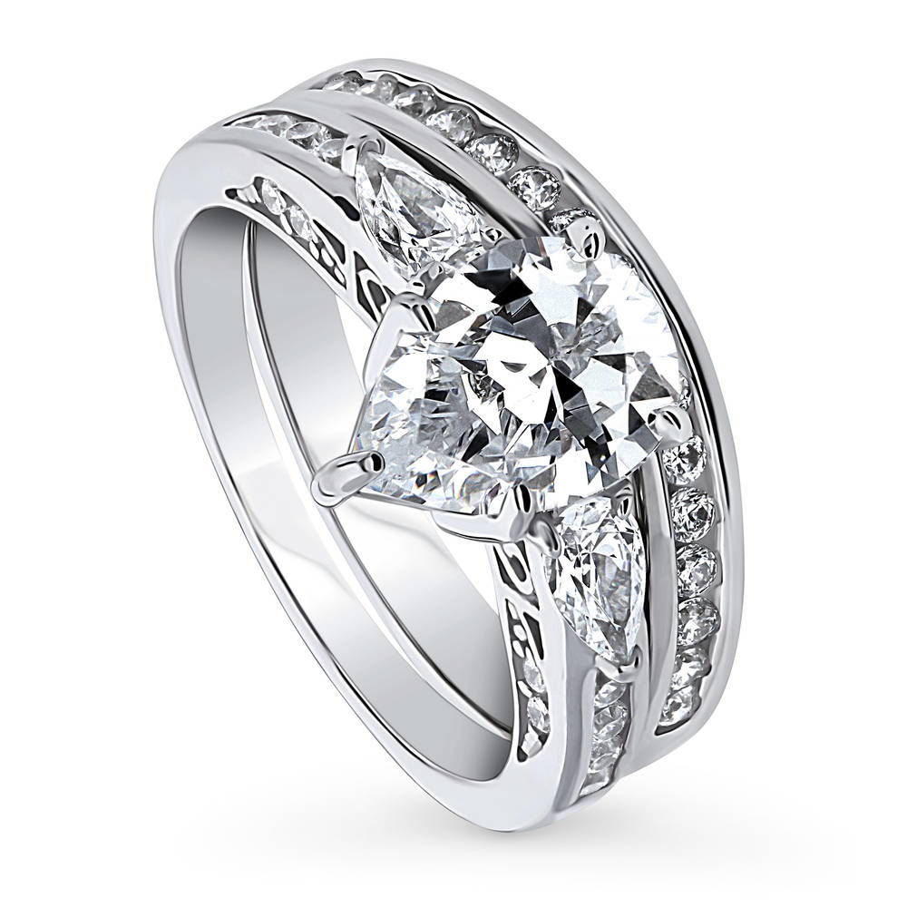Front view of 3-Stone Pear CZ Ring Set in Sterling Silver