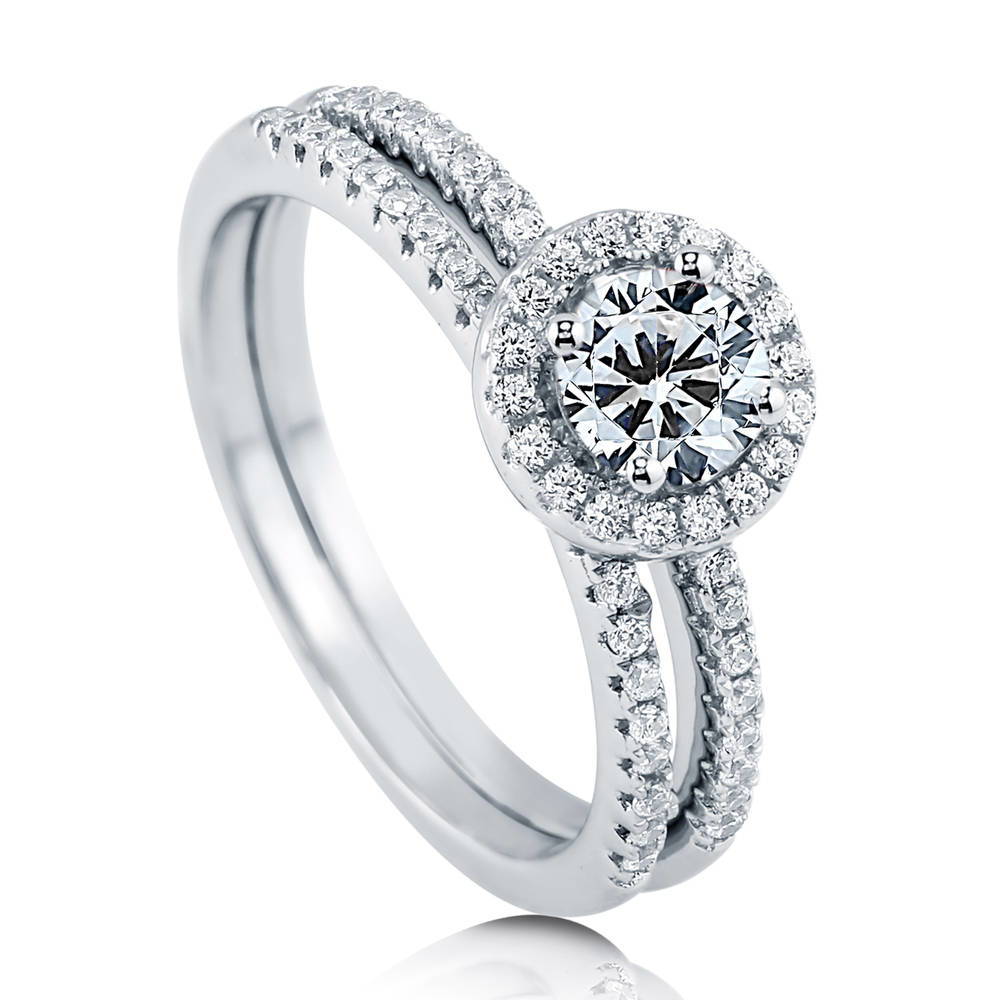 Front view of Halo Round CZ Ring Set in Sterling Silver