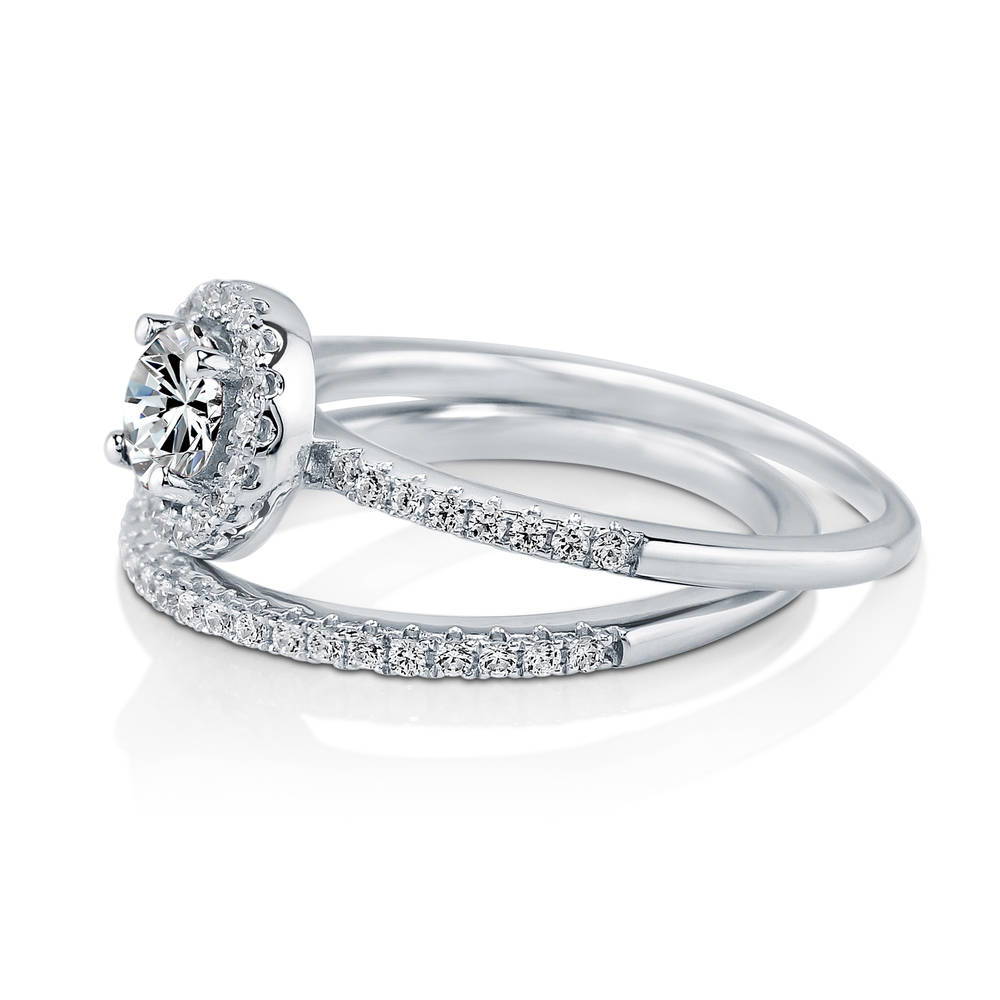 Angle view of Halo Round CZ Ring Set in Sterling Silver