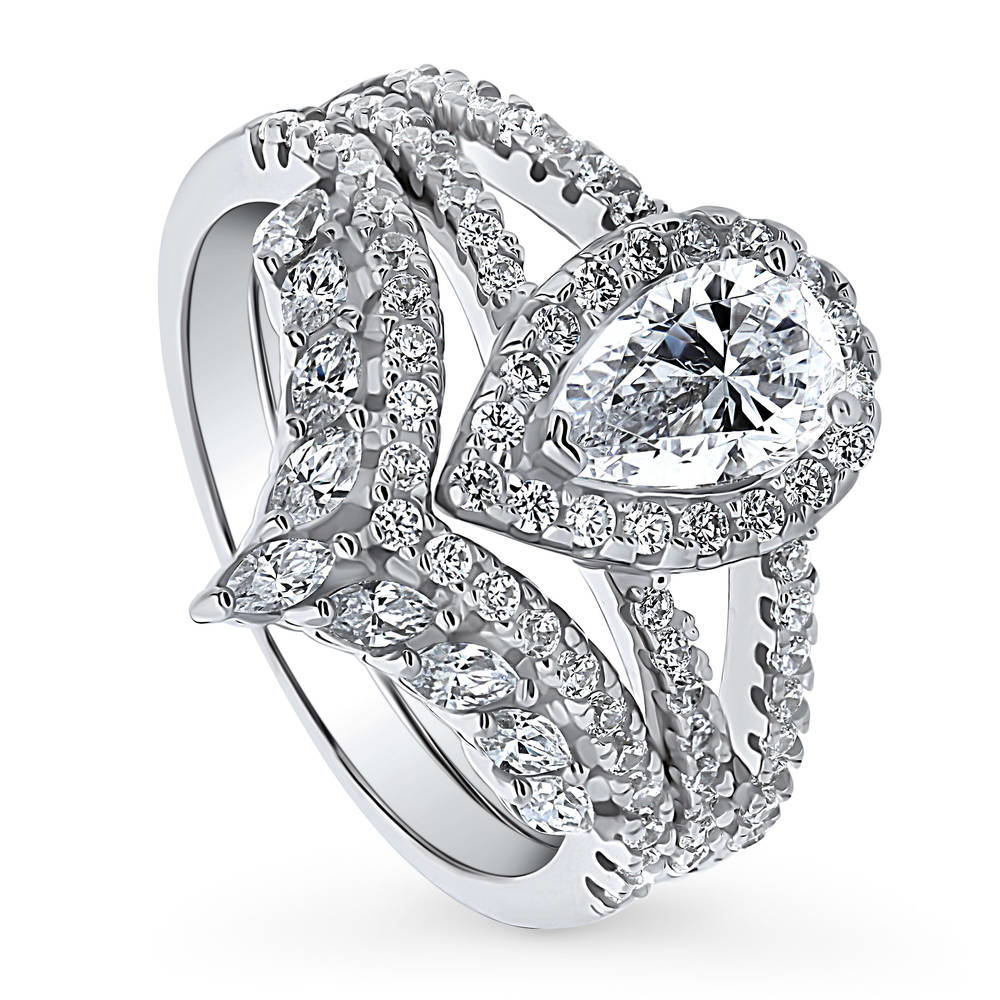 Halo Pear CZ Split Shank Ring Set in Sterling Silver, front view