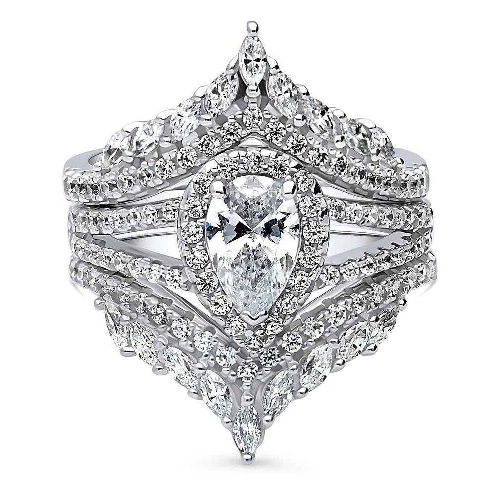 Halo Pear CZ Split Shank Ring Set in Sterling Silver