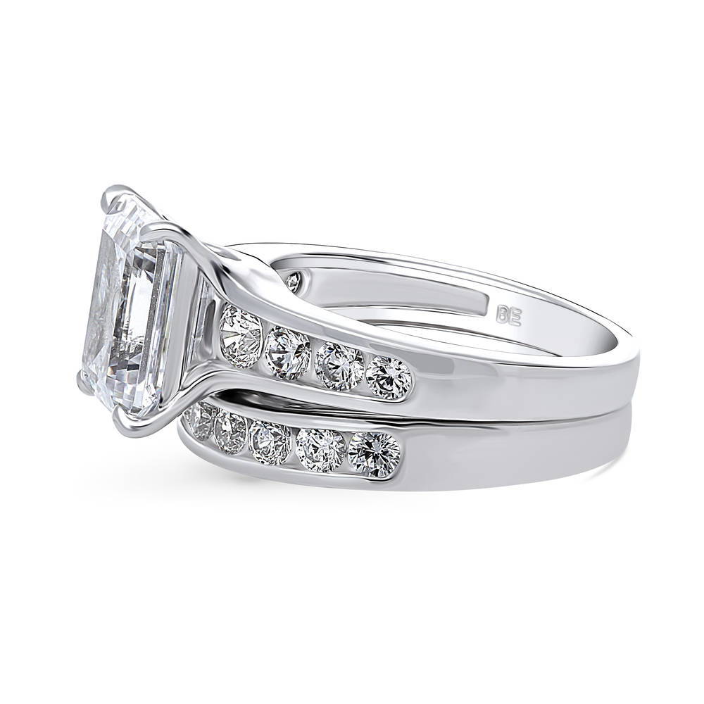 Angle view of Solitaire 3.8ct Emerald Cut CZ Statement Ring Set in Sterling Silver