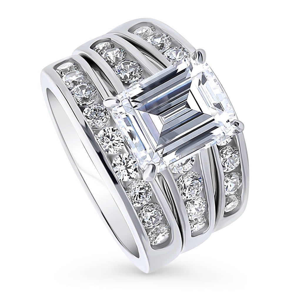 Front view of Solitaire 3.8ct Emerald Cut CZ Statement Ring Set in Sterling Silver