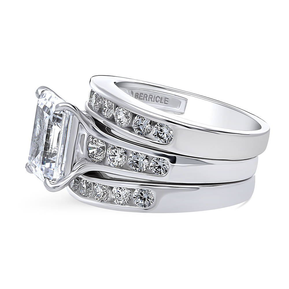 Angle view of Solitaire 3.8ct Emerald Cut CZ Statement Ring Set in Sterling Silver