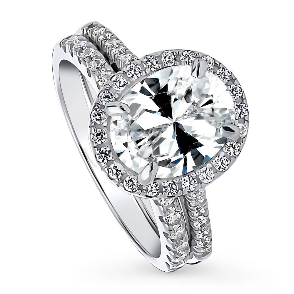 Front view of Halo Oval CZ Ring Set in Sterling Silver