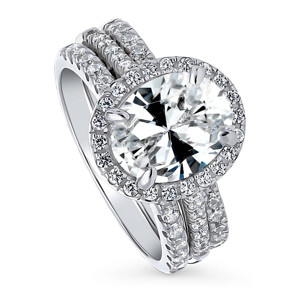 Front view of Halo Oval CZ Ring Set in Sterling Silver