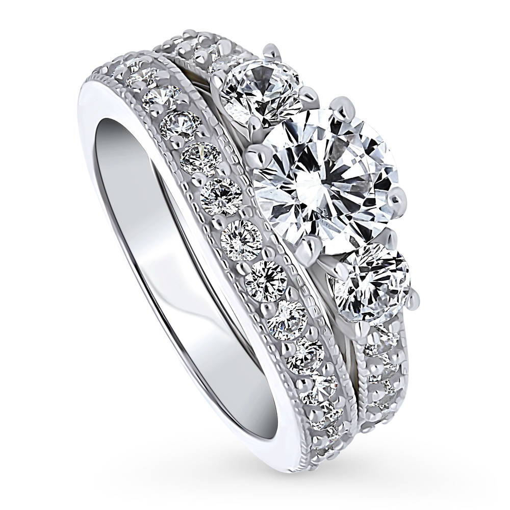 Front view of 3-Stone Round CZ Ring Set in Sterling Silver