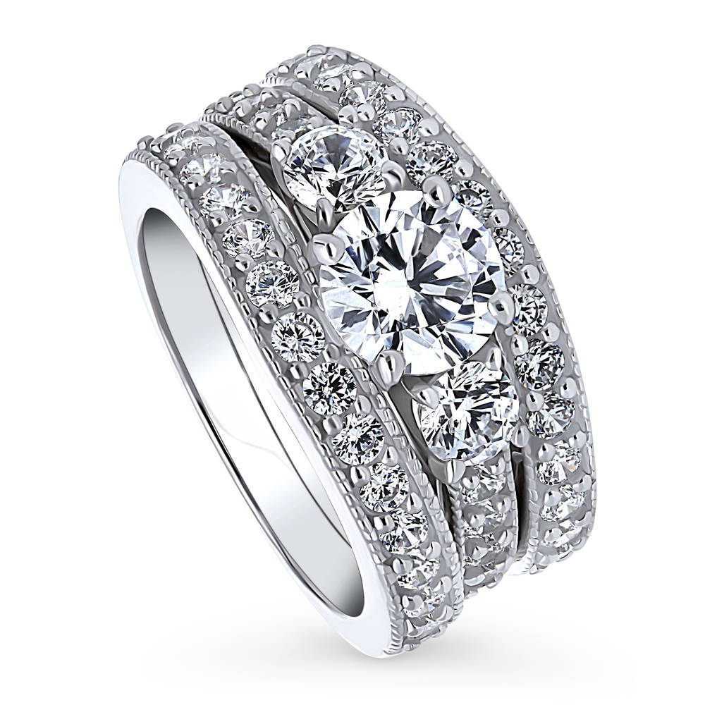 Front view of 3-Stone Round CZ Ring Set in Sterling Silver