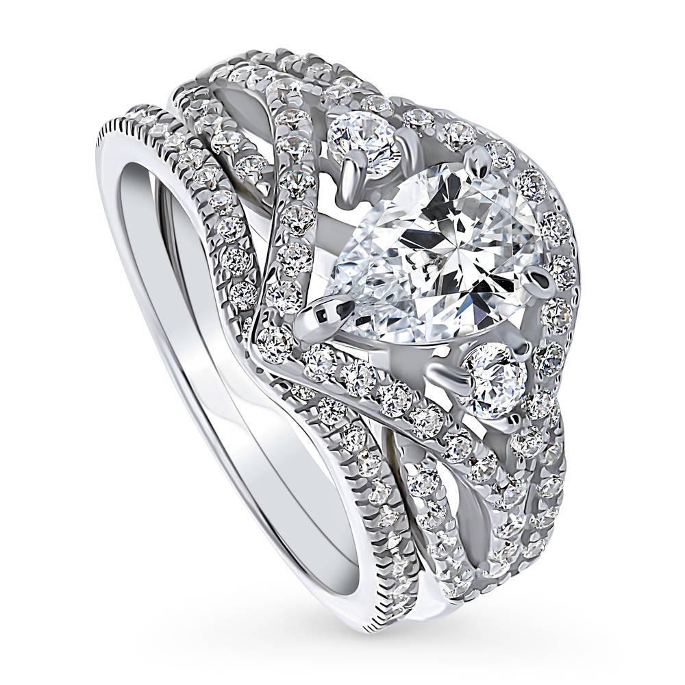 3-Stone Woven Pear CZ Ring Set in Sterling Silver, front view