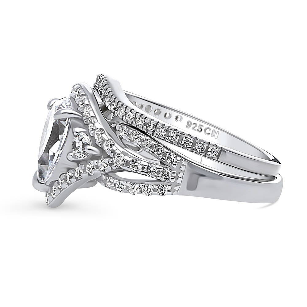 Angle view of 3-Stone Woven Pear CZ Ring Set in Sterling Silver