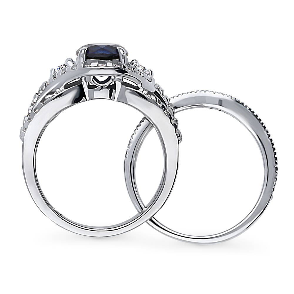 Alternate view of 3-Stone Simulated Blue Sapphire Round CZ Ring Set in Sterling Silver
