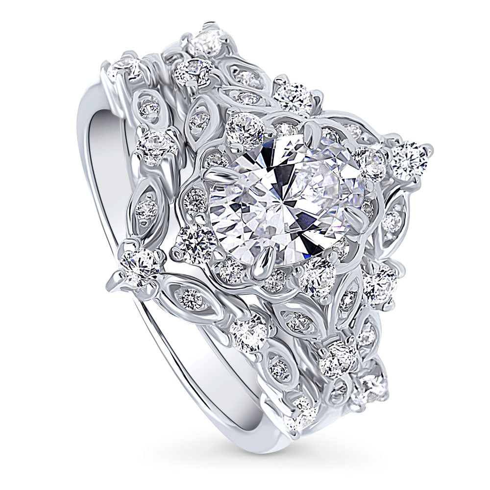 Front view of Chevron Halo CZ Ring Set in Sterling Silver