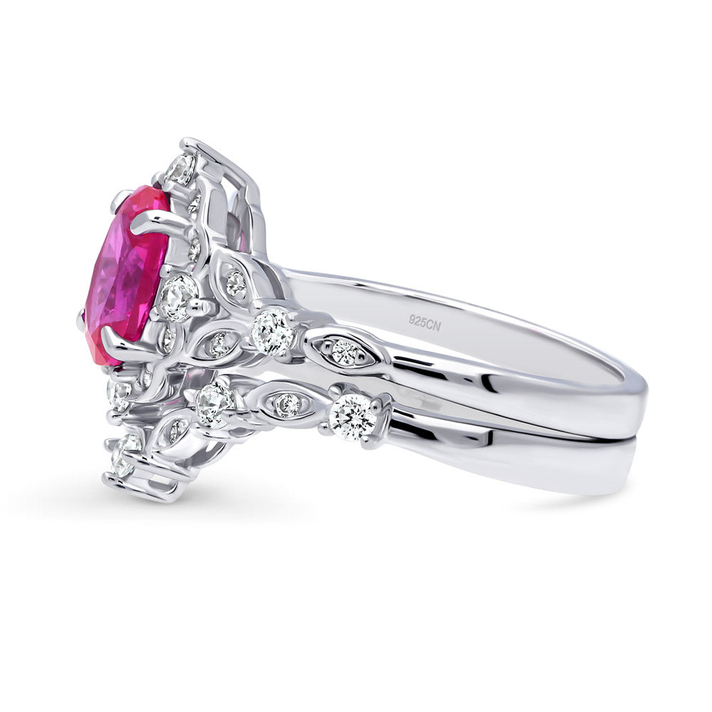 Angle view of Chevron Halo Pink CZ Ring Set in Sterling Silver