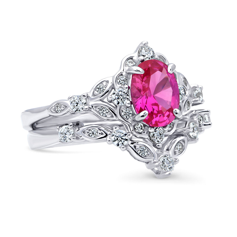 Chevron Halo Pink CZ Ring Set in Sterling Silver