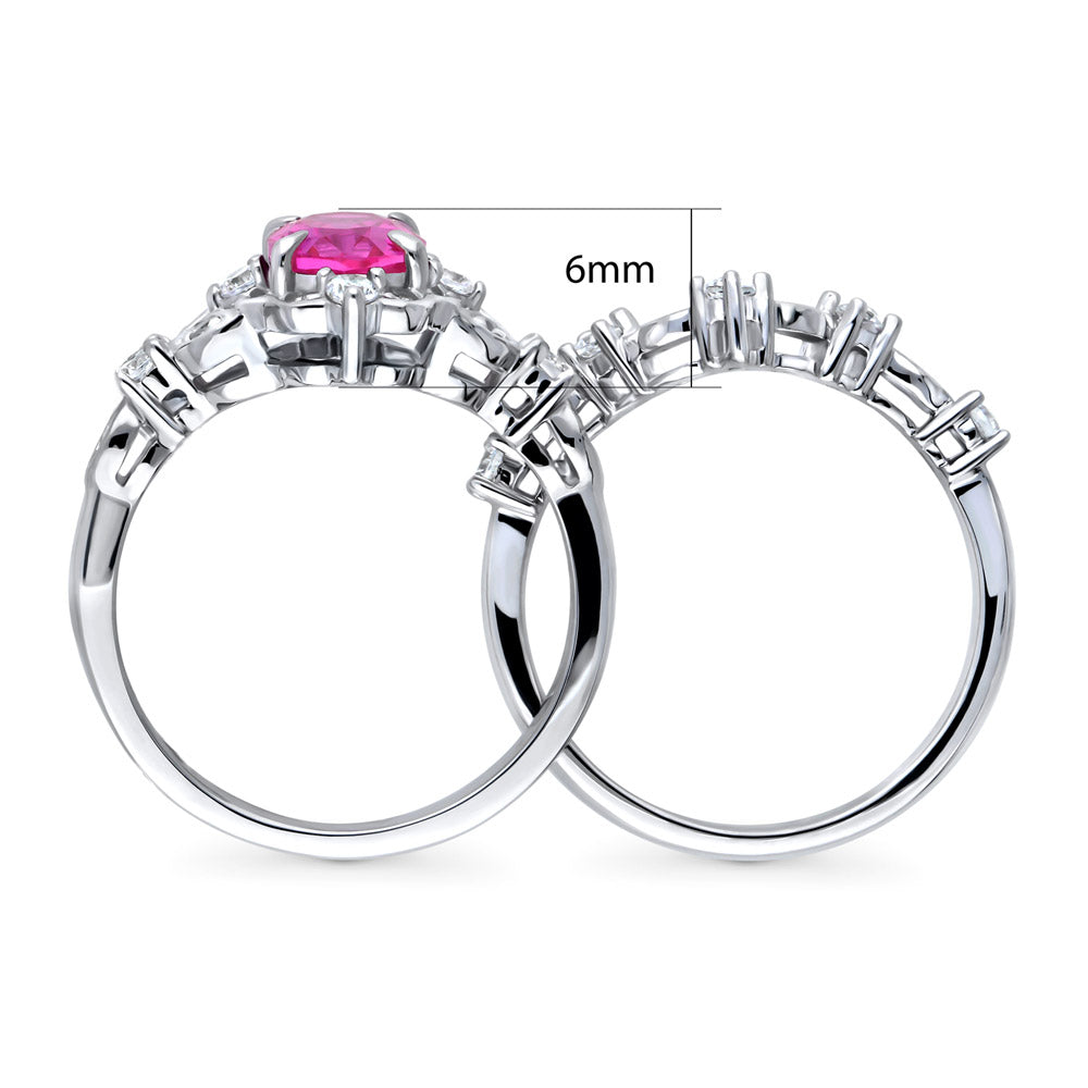 Side view of Chevron Halo Pink CZ Ring Set in Sterling Silver