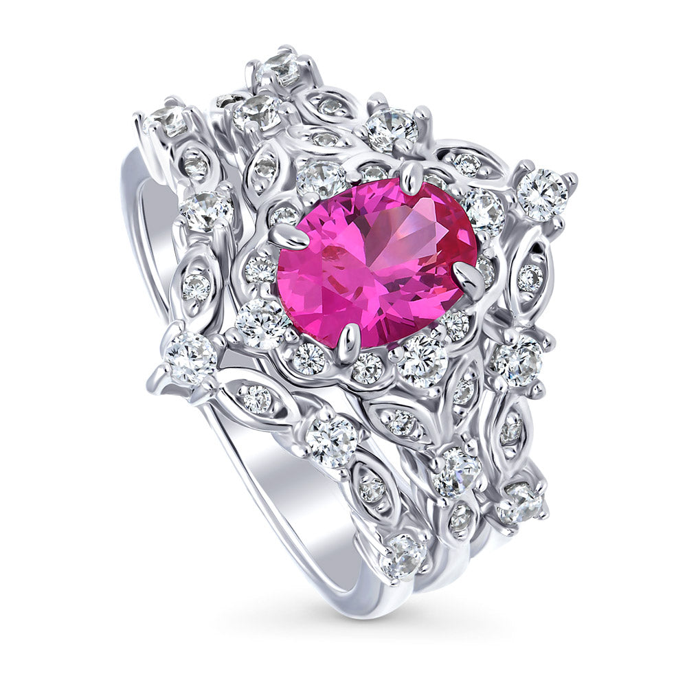 Front view of Chevron Halo Pink CZ Ring Set in Sterling Silver