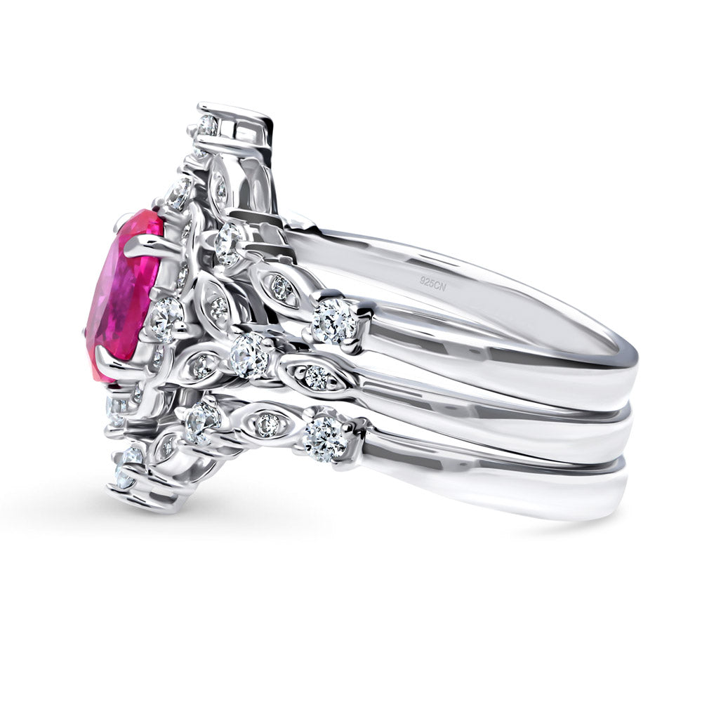 Angle view of Chevron Halo Pink CZ Ring Set in Sterling Silver