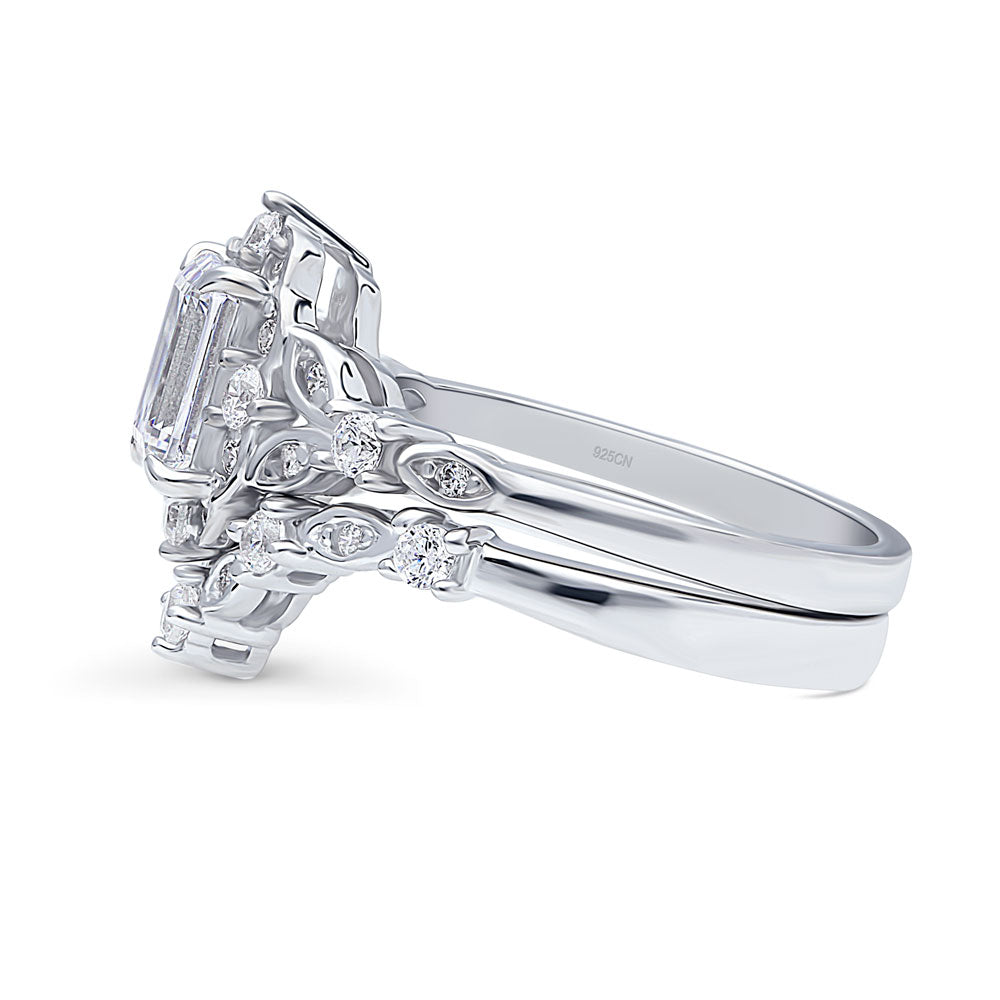 Angle view of Chevron Halo CZ Ring Set in Sterling Silver