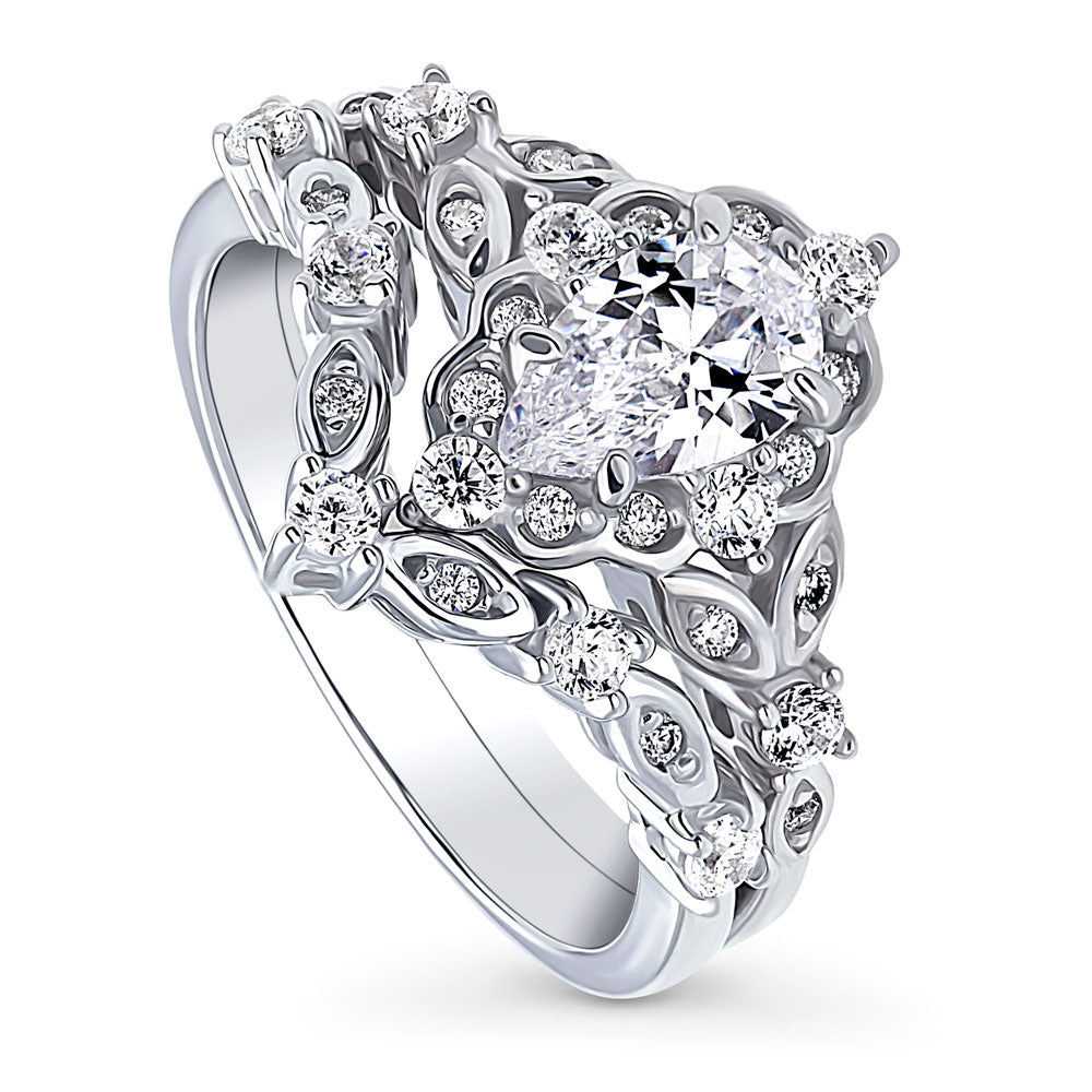 Front view of Chevron Halo CZ Ring Set in Sterling Silver