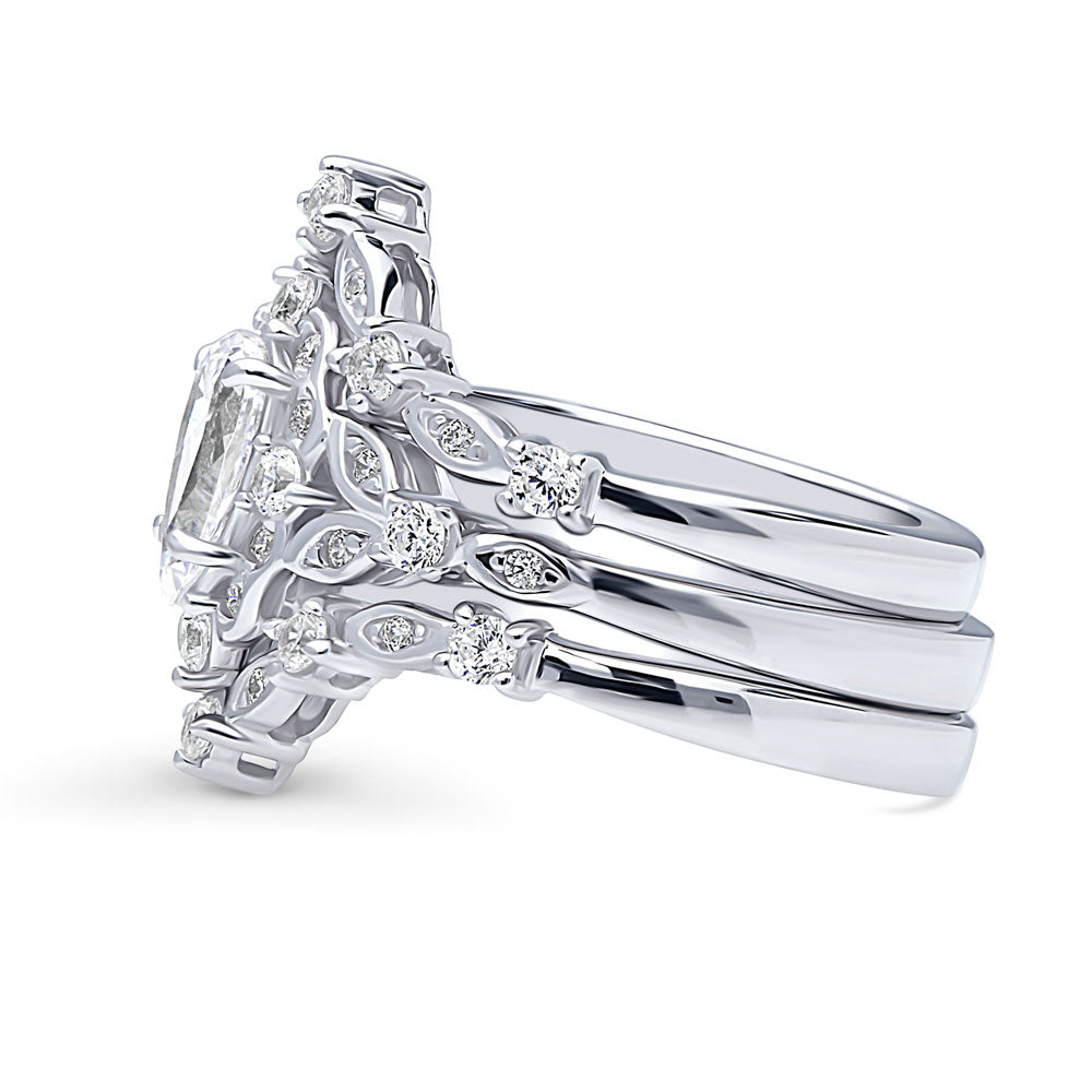 Angle view of Chevron Halo CZ Ring Set in Sterling Silver