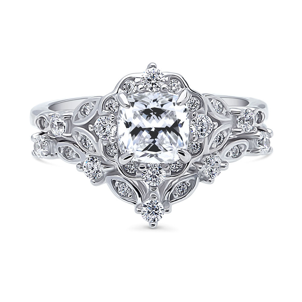 Sterling Silver Chevron Halo CZ Wedding Engagement Ring Set VR631