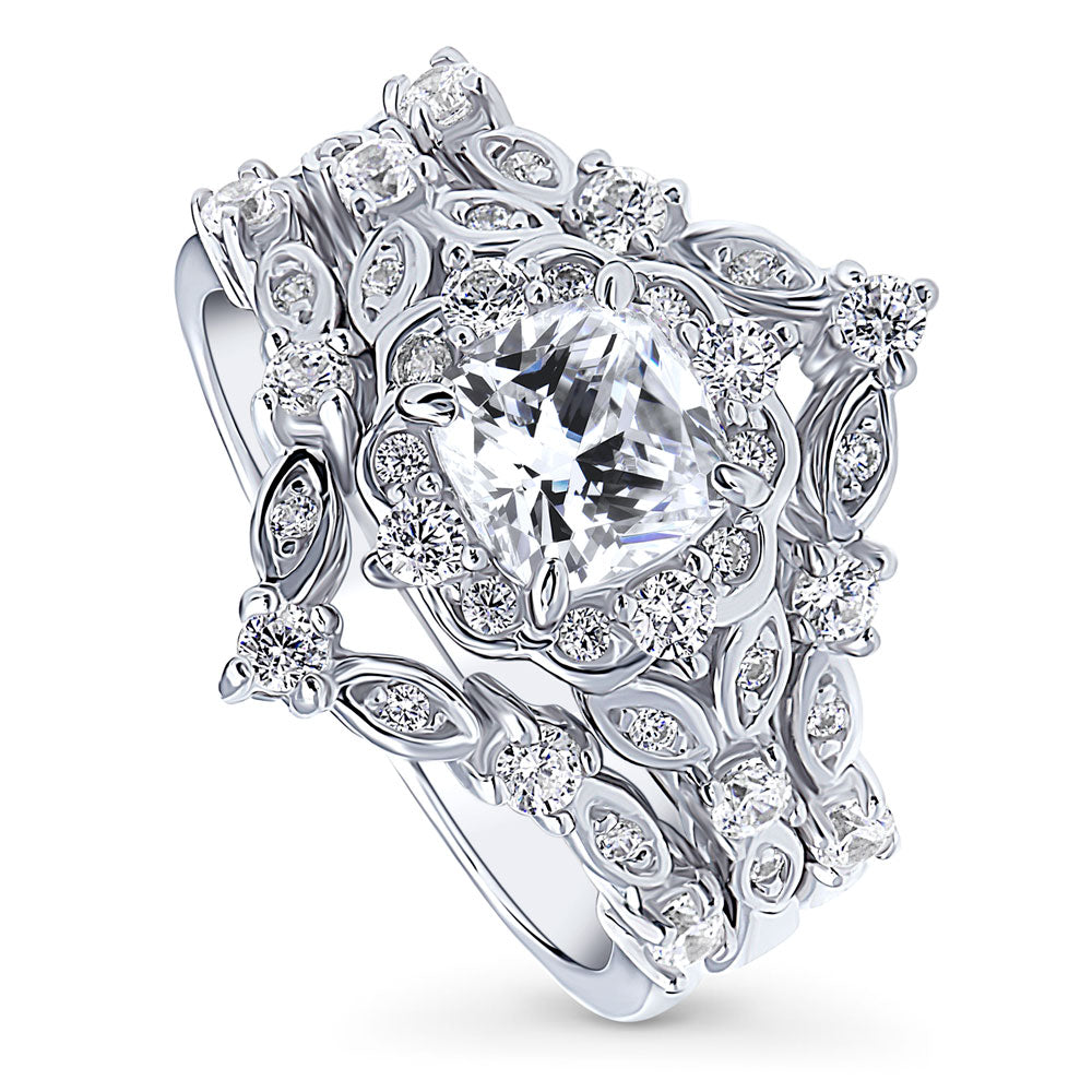 Front view of Chevron Halo CZ Ring Set in Sterling Silver