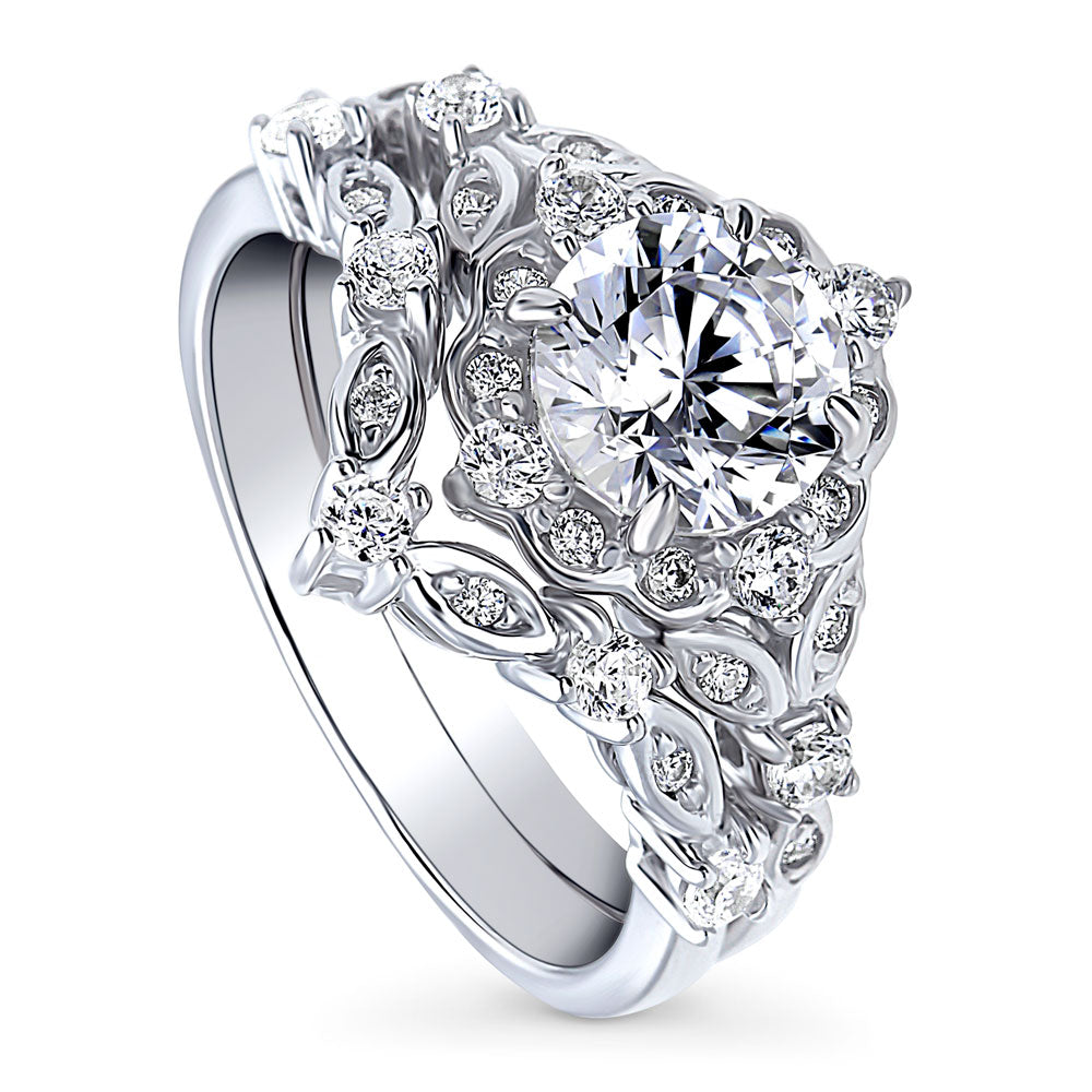 Front view of Chevron Halo CZ Ring Set in Sterling Silver