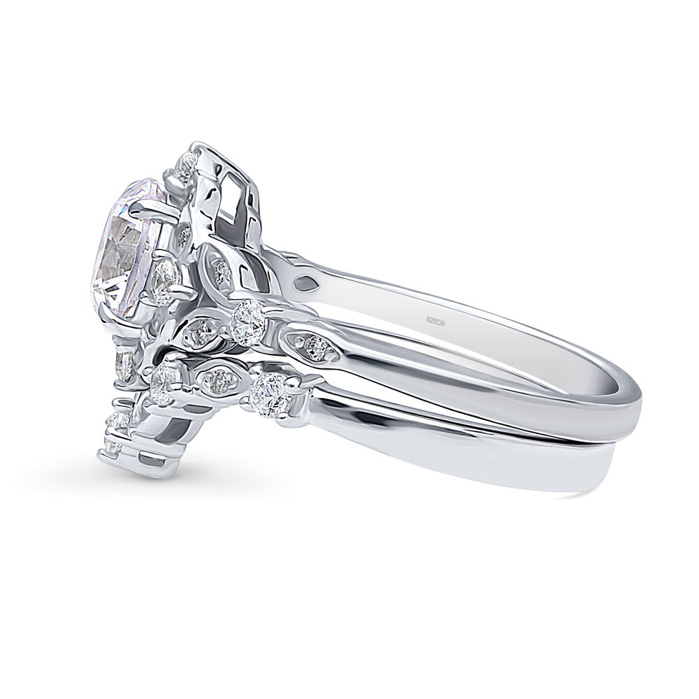 Angle view of Chevron Halo CZ Ring Set in Sterling Silver