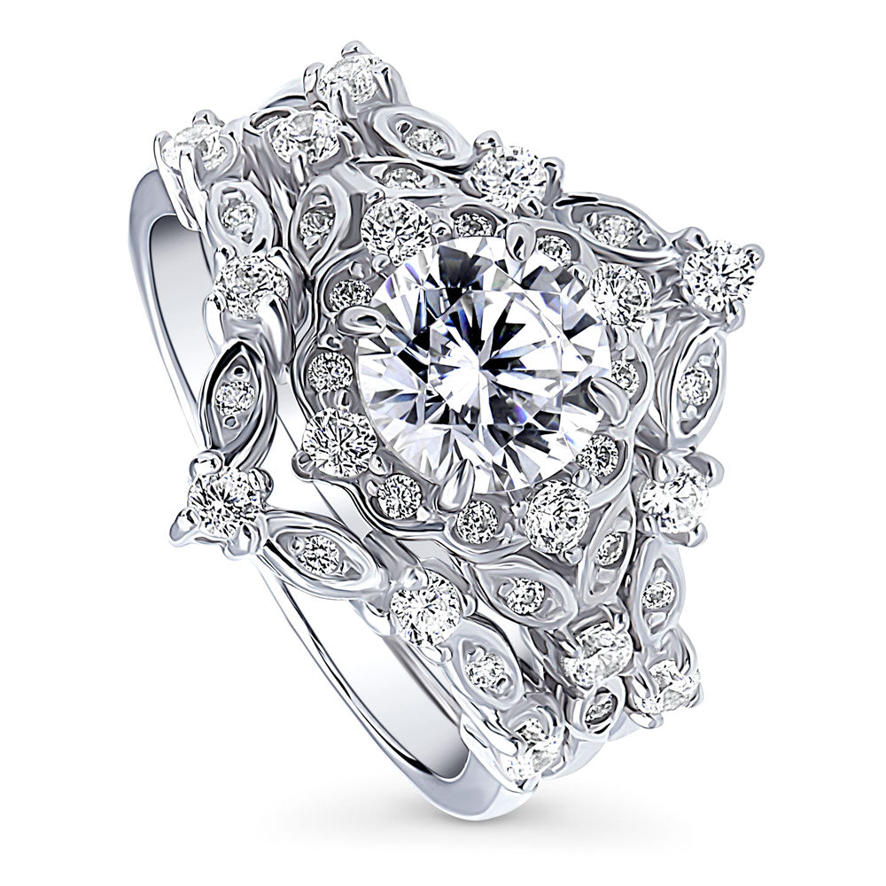 Front view of Chevron Halo CZ Ring Set in Sterling Silver