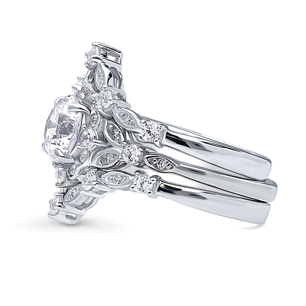 Angle view of Chevron Halo CZ Ring Set in Sterling Silver