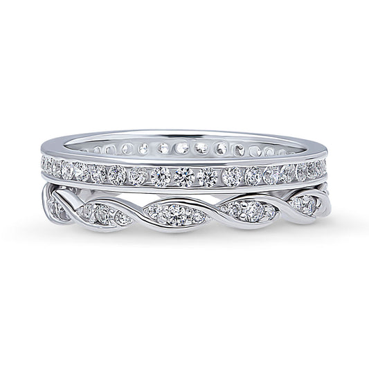 Woven Pave Set CZ Eternity Ring Set in Sterling Silver