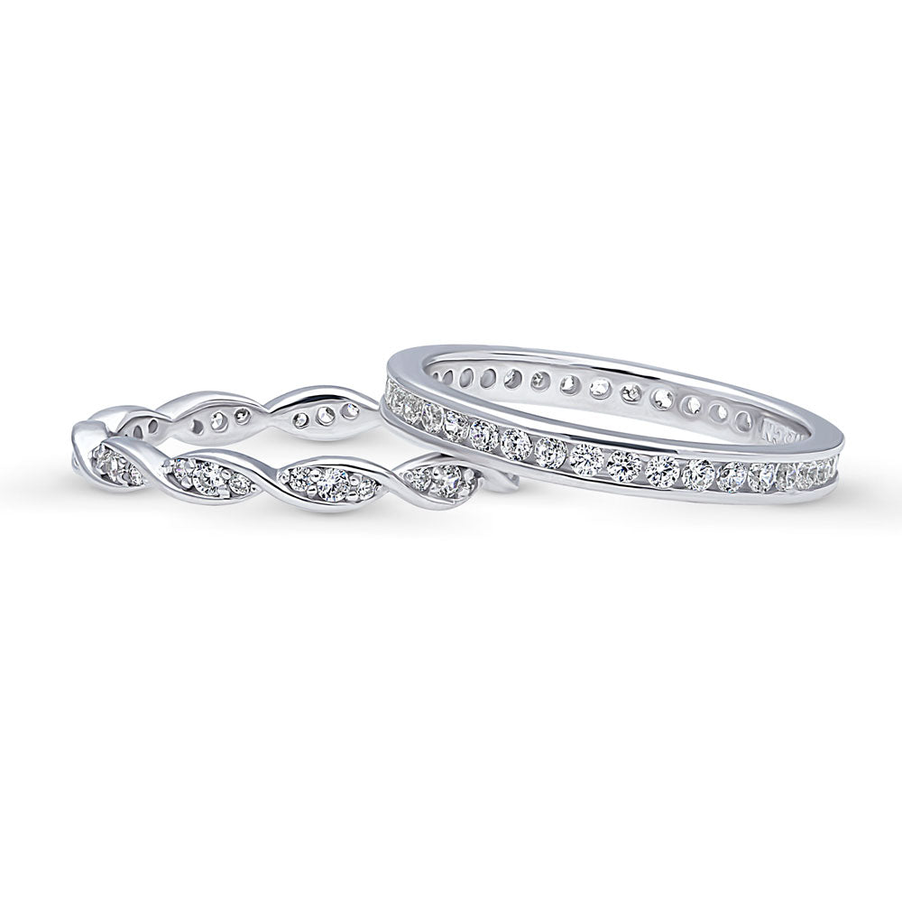 Front view of Woven Pave Set CZ Eternity Ring Set in Sterling Silver