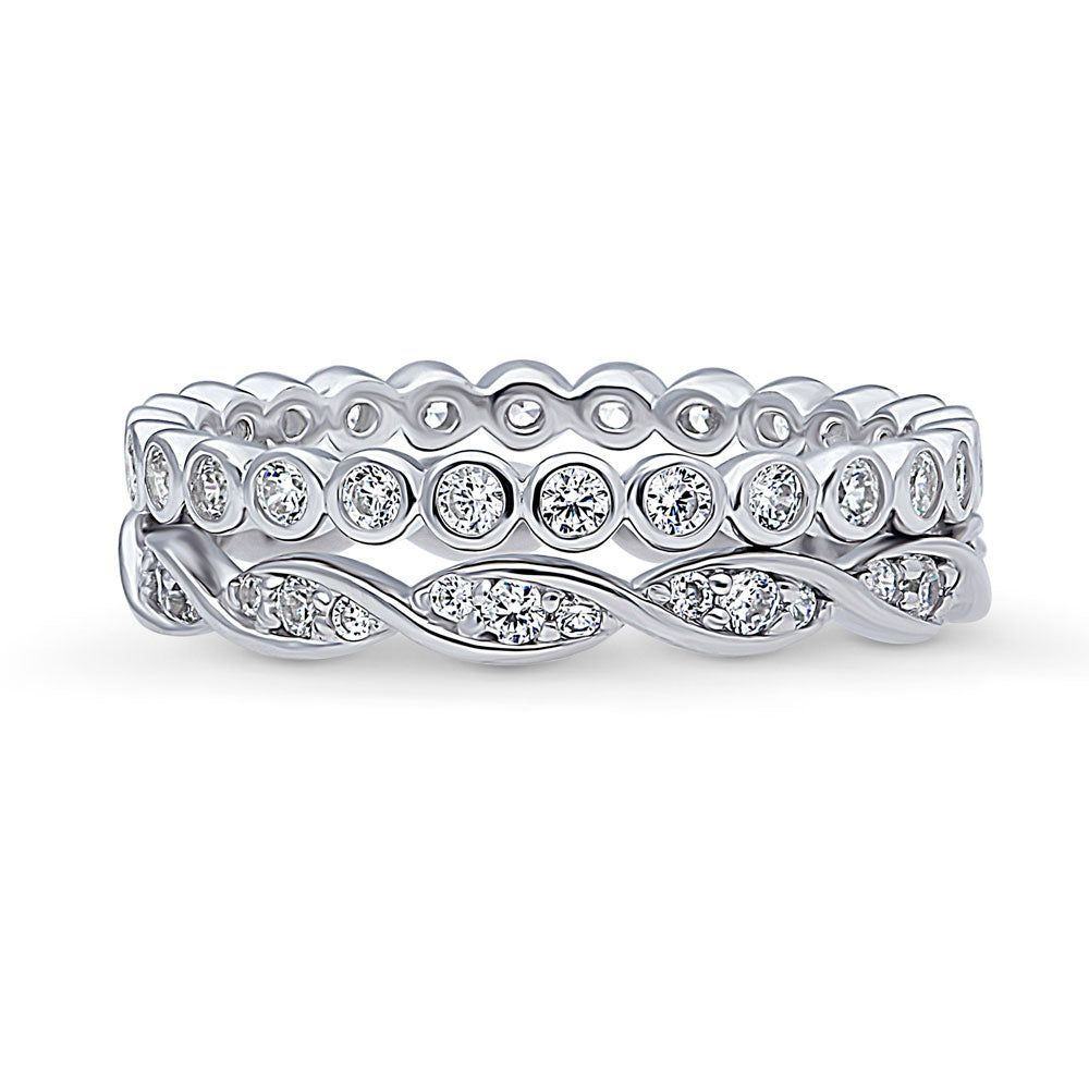 Woven Bubble Pave Set CZ Eternity Ring Set in Sterling Silver