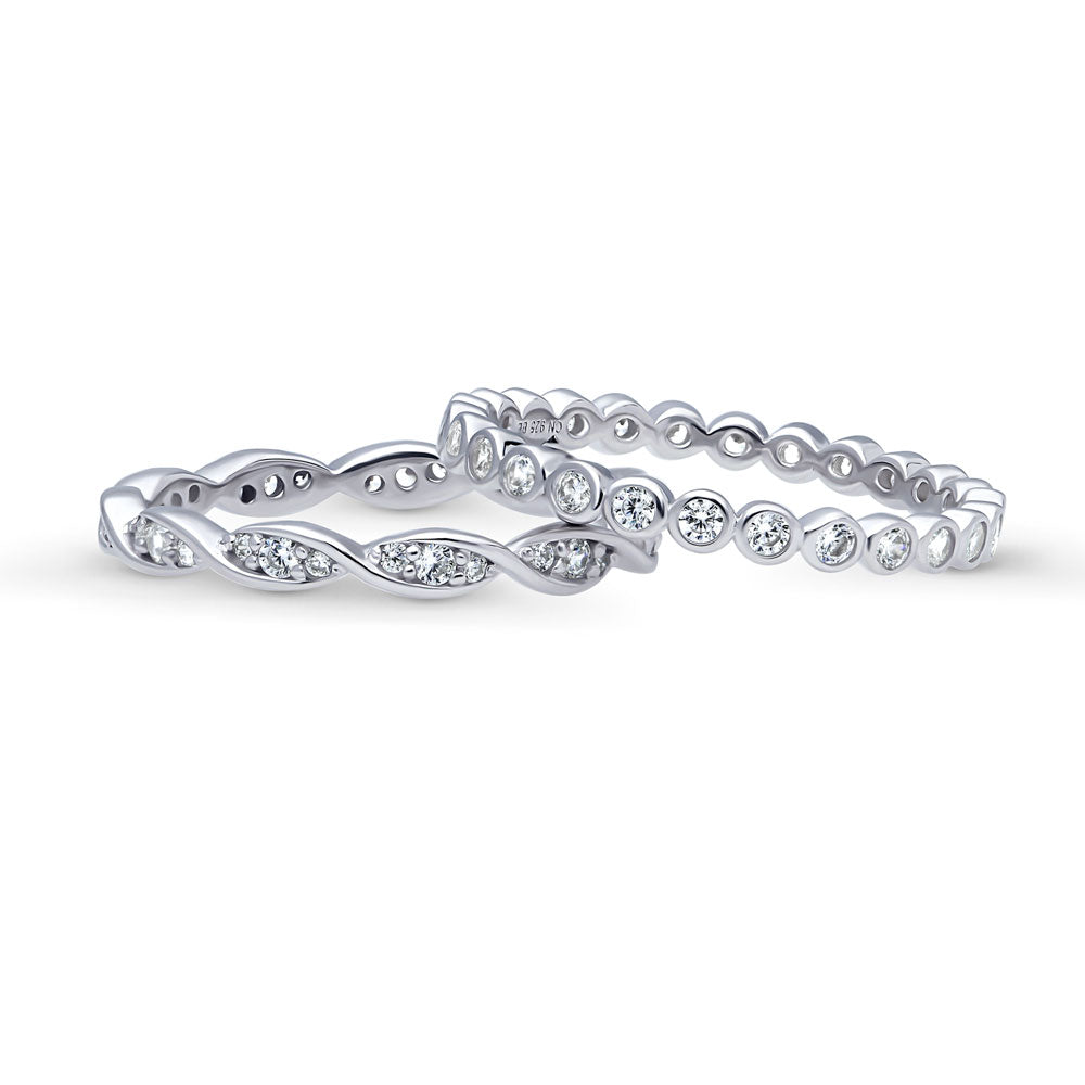 Front view of Woven Bubble Pave Set CZ Eternity Ring Set in Sterling Silver