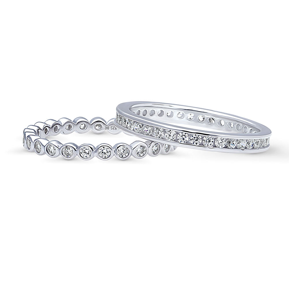 Front view of Bubble Channel Set CZ Eternity Ring Set in Sterling Silver