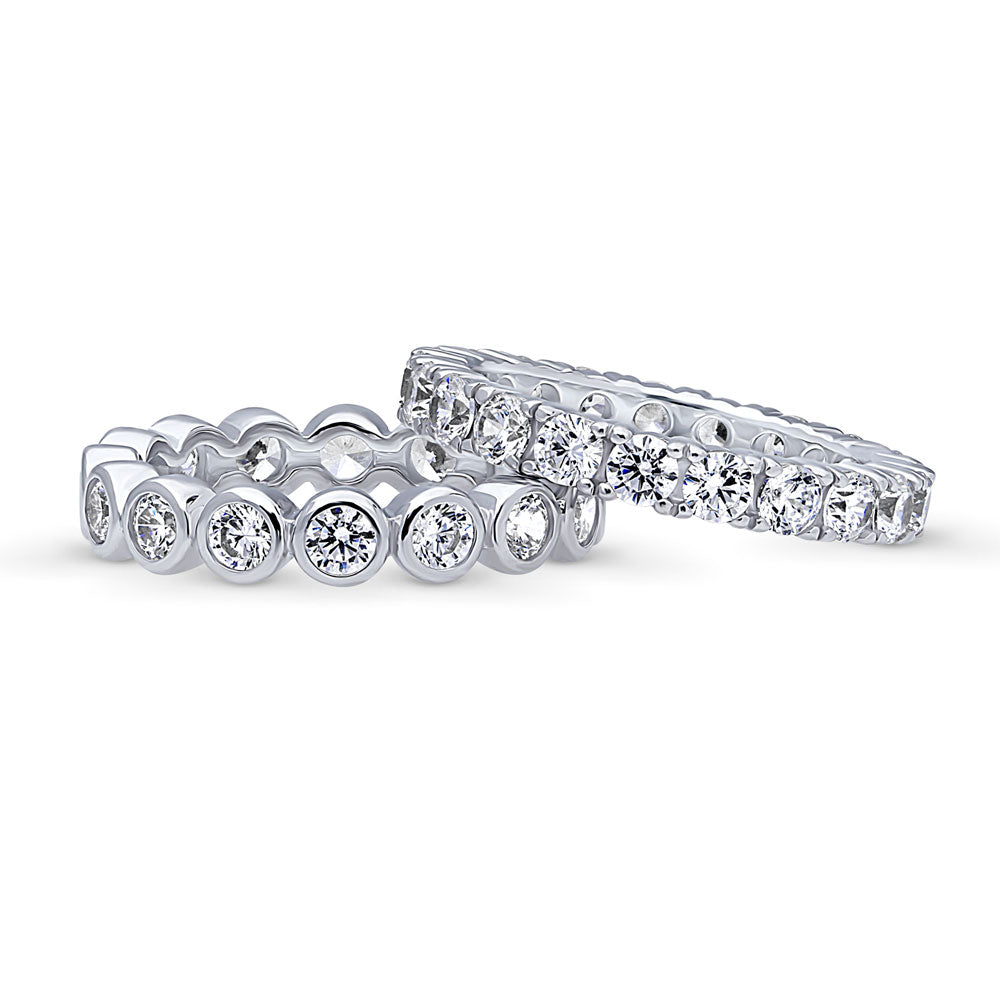 Front view of Bubble Bezel Set CZ Eternity Ring Set in Sterling Silver