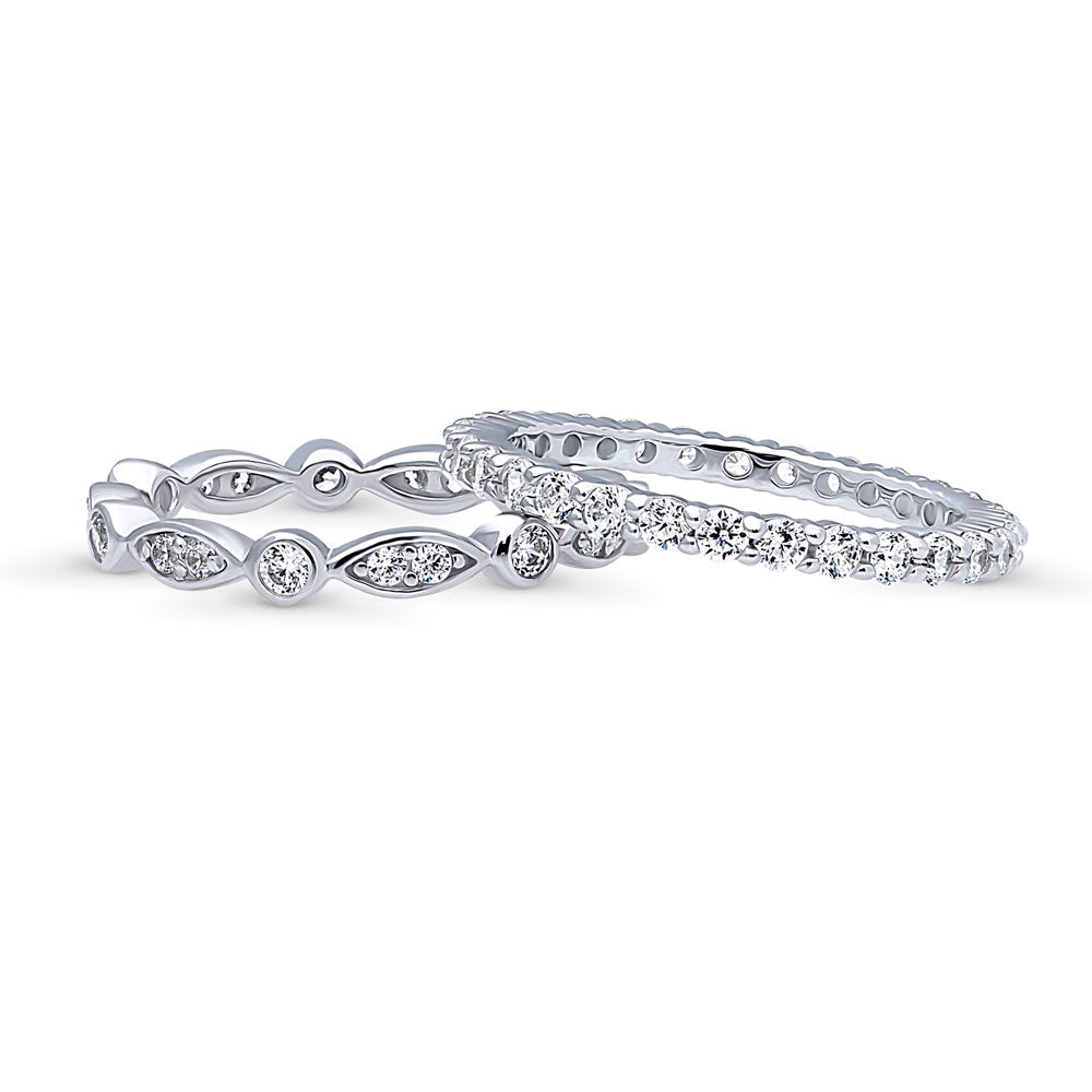Front view of Bubble Woven Bezel Set CZ Eternity Ring Set in Sterling Silver
