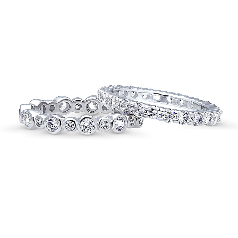 Front view of Bubble Pave Set CZ Eternity Ring Set in Sterling Silver