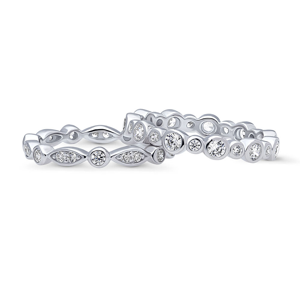 Front view of Bubble Bezel Set CZ Eternity Ring Set in Sterling Silver