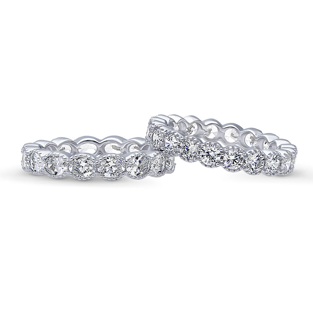 Milgrain Bezel Set CZ Eternity Ring Set in Sterling Silver