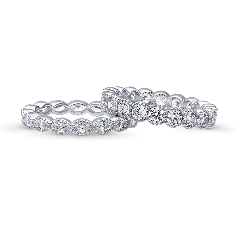 Front view of Milgrain Bezel Set CZ Eternity Ring Set in Sterling Silver