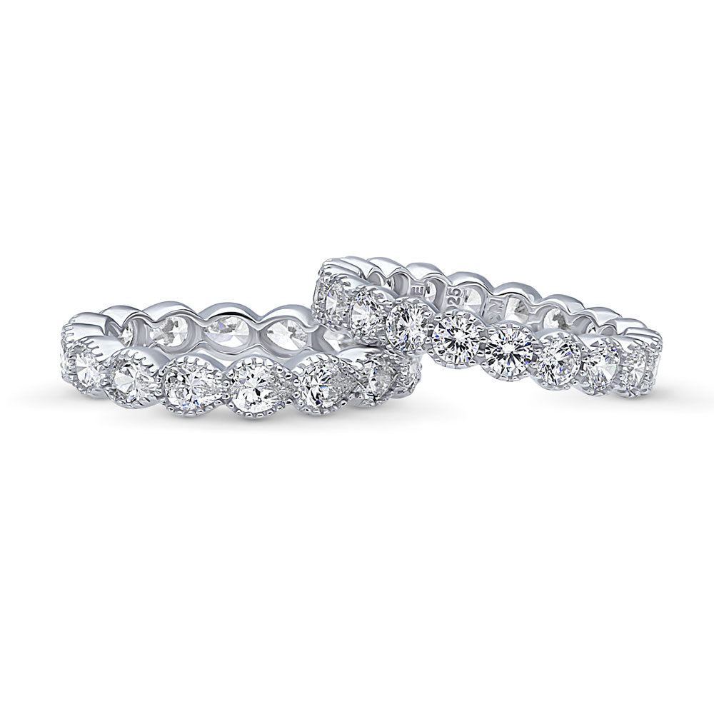 Front view of Milgrain Bezel Set CZ Eternity Ring Set in Sterling Silver