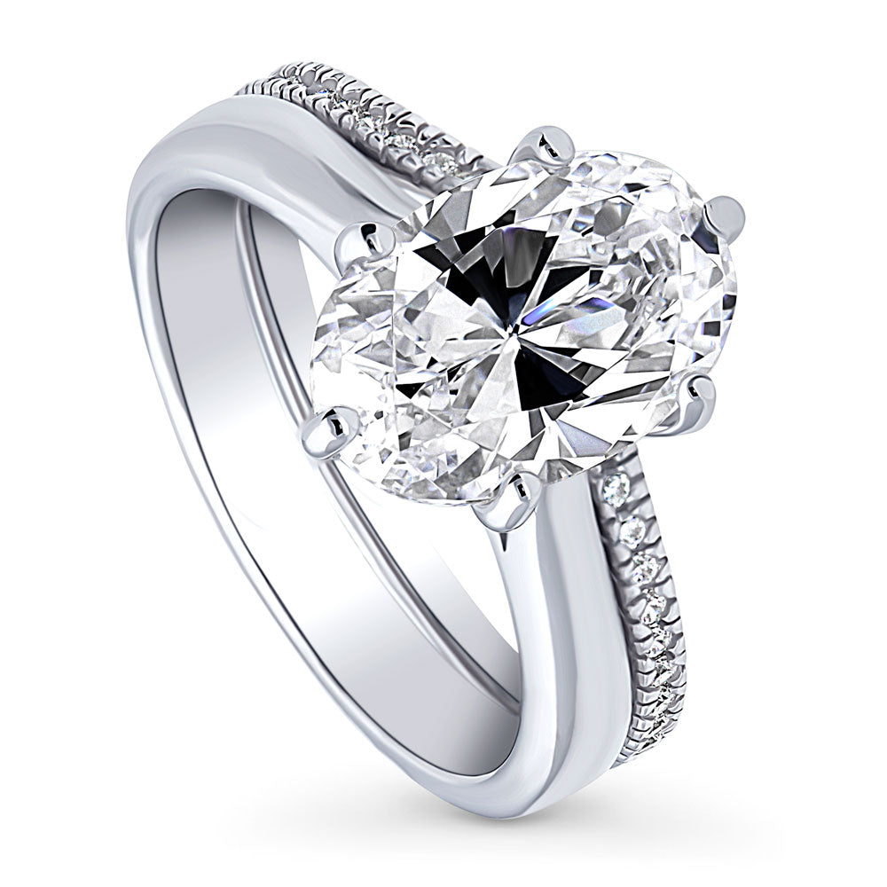 Solitaire 3ct Oval CZ Statement Ring Set in Sterling Silver, front view