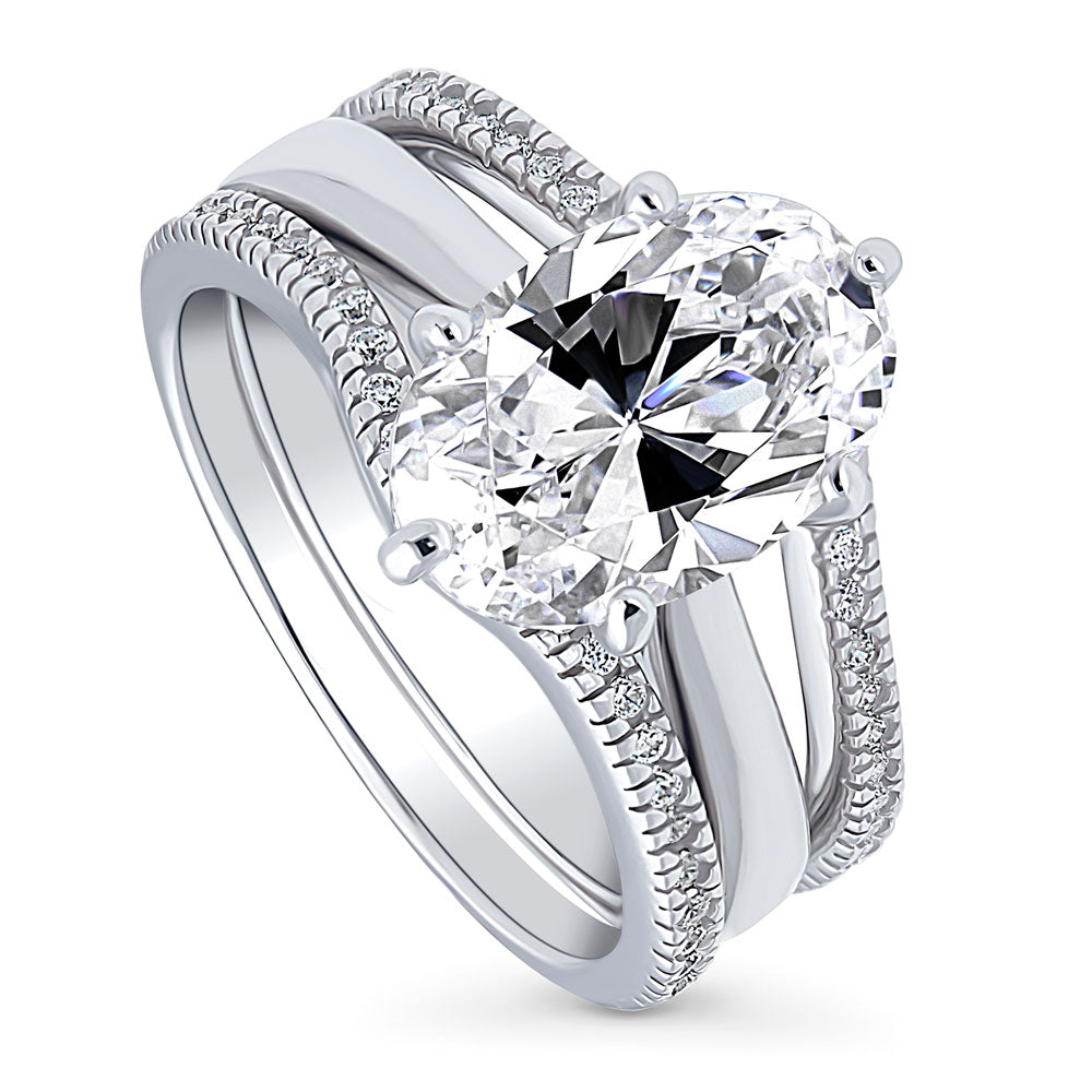 Front view of Solitaire 3ct Oval CZ Statement Ring Set in Sterling Silver